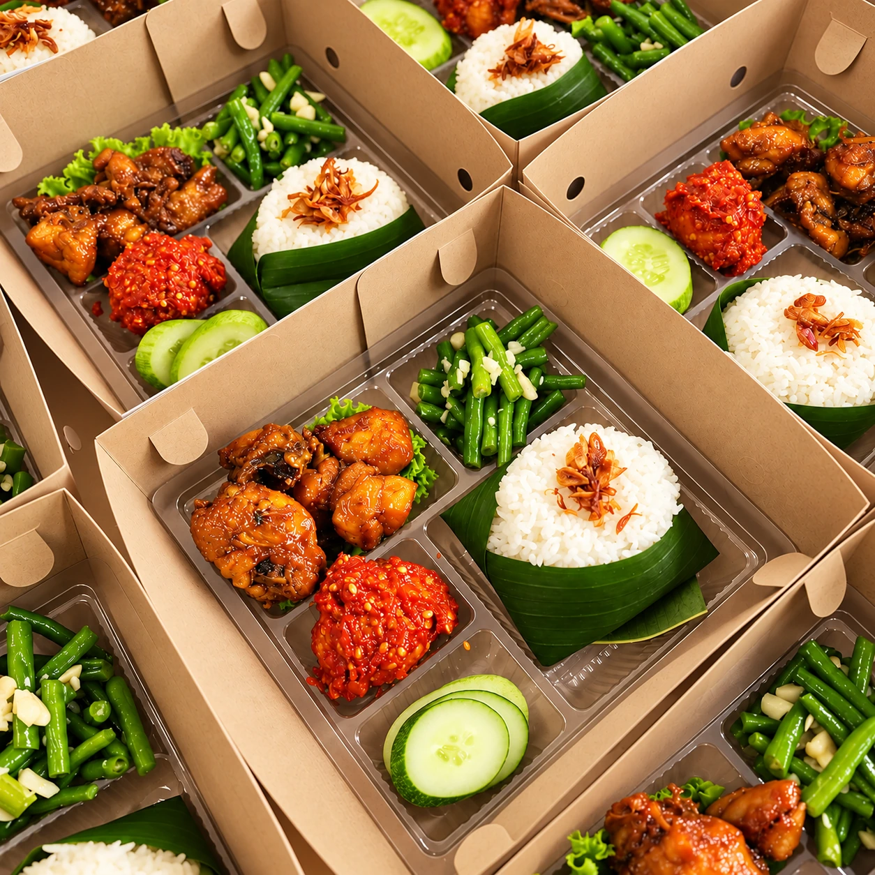 Ilustrasi beberapa nasi box berisi lauk, sambal, sayur, dan pelengkap